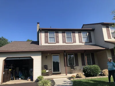 Closeup view of the front of a Harleysville, PA home after a completed residential shingle roof replacement.