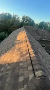 View from rooftop showing new shingles and final touches during residential roof replacement by XL Home Improvements.