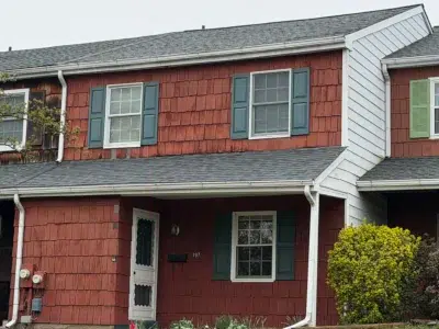 finished roof replacement on townhome in Schwenksville PA with Virginia Slate shingles